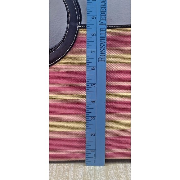 Anne Klein 2 Medium Pink & Yellow Striped Canvas Grab Handbag with Brown Trim - Picture 14 of 16